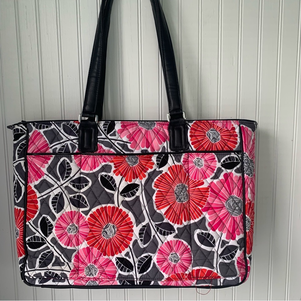 Vera Bradley Pink & Red, Gray, Black & White Floral Tote Bag w/Leather Handles - Picture 4 of 12